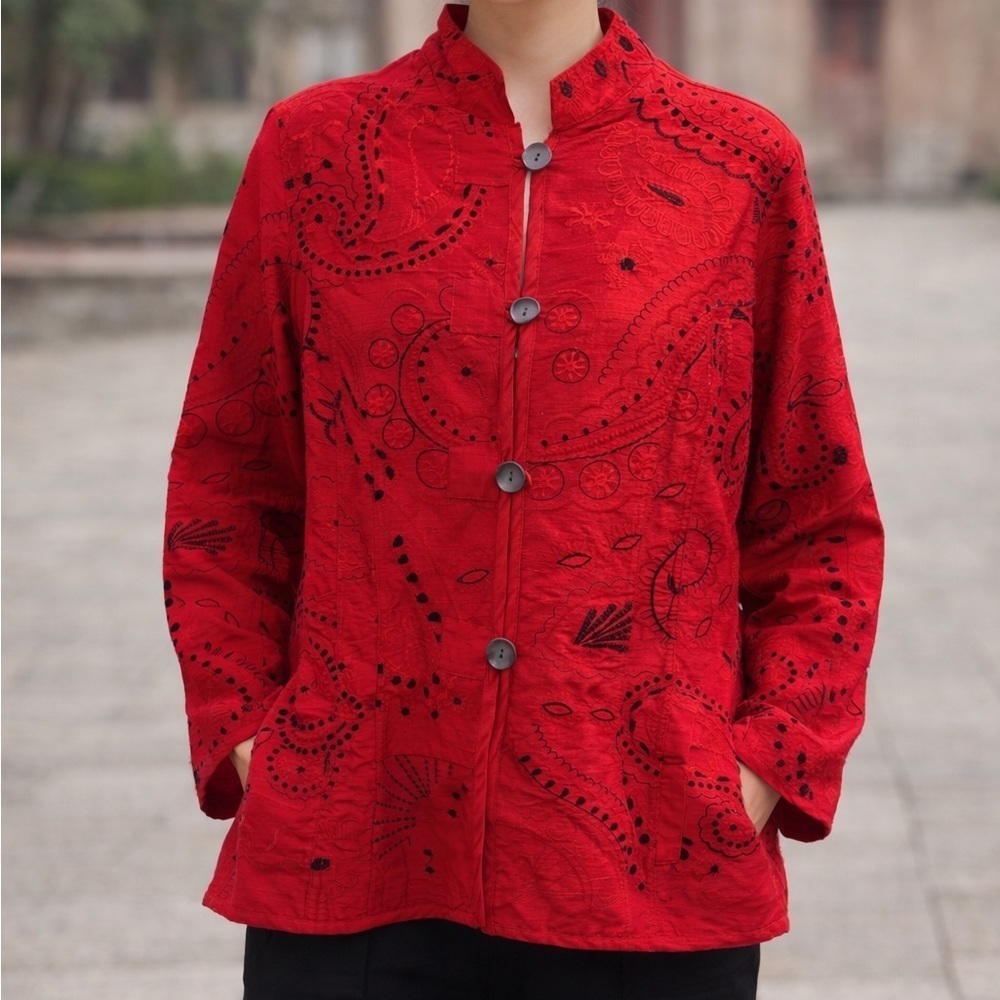 Chico's Vibrant Red Embroidered Blazer 100% Silk